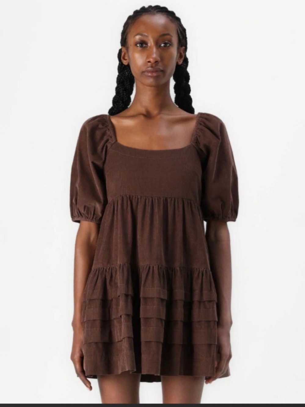 American Eagle Outfitters Brown Puff-Sleeve Tiered Mini Dress - Picture 2 of 11